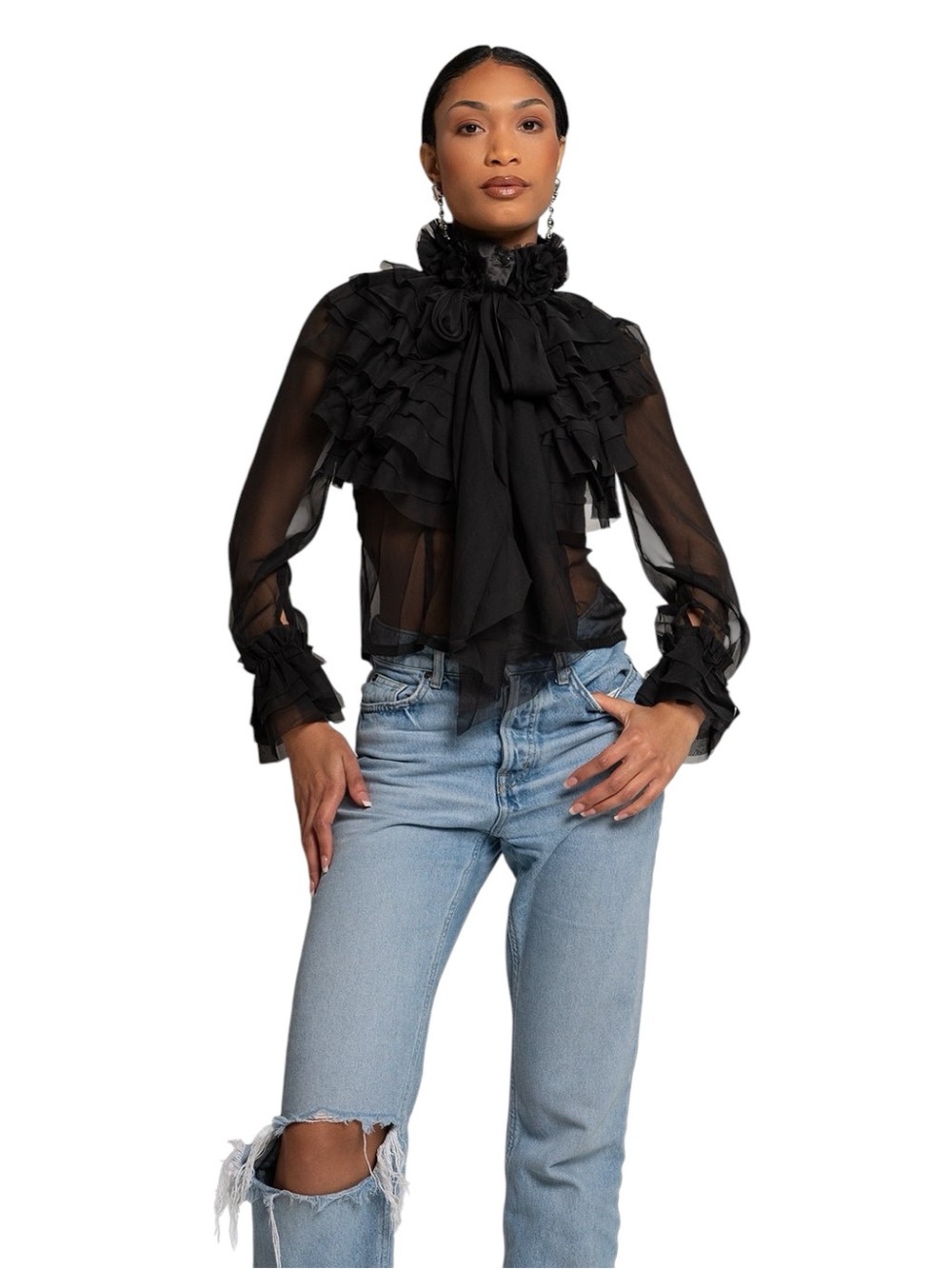 Glory Connection- Addison Sheer Ruffle Cascade High Neck Blouse